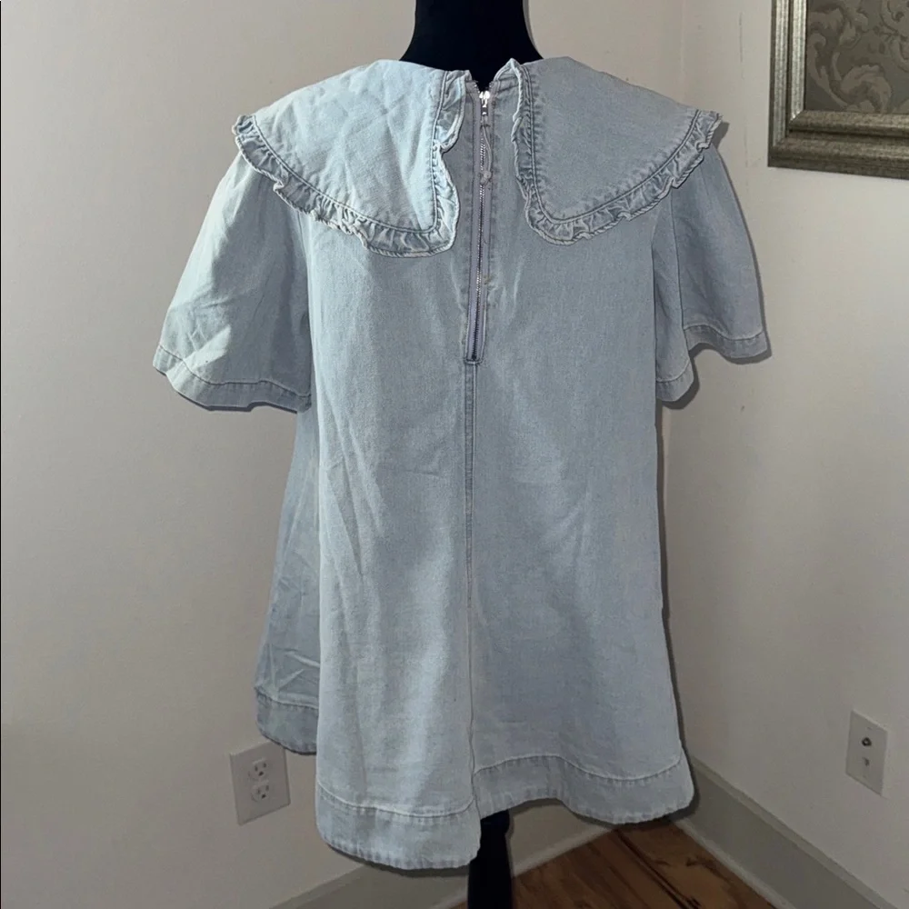 Amable by Mable Peter Pan collared light Wash denim mini dress shirt sleeve Sz S - Picture 8 of 15